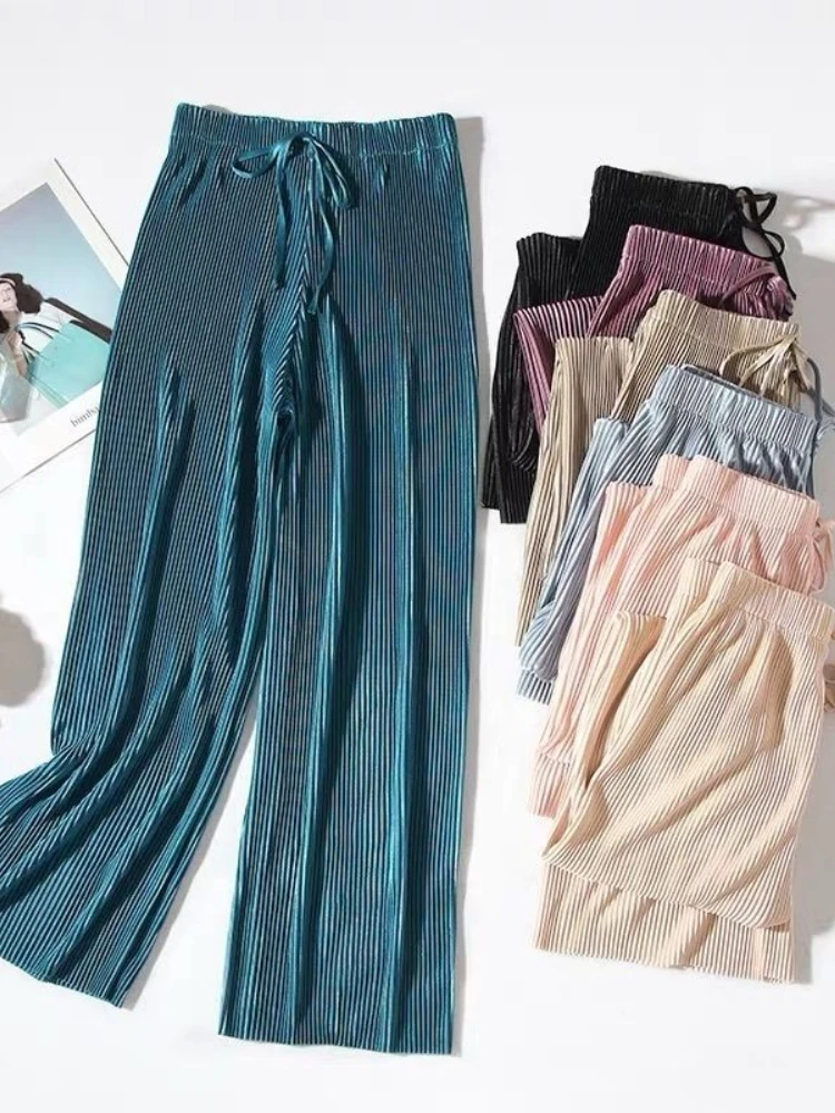 

Elegant Women's Pants Leisure Solid Color Pleated Wide Leg Pants Fall New Drape Loose Nine Pants Streetwear Women Clothing