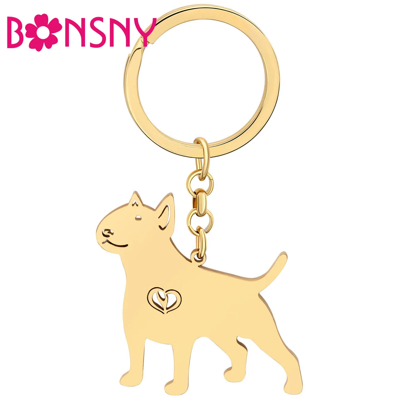 Bonsny Stainless Steel Gold-plated American Pit Bull Terrier Dog Keychains Pet Key Rings Key Chains For Women Girls Gifts