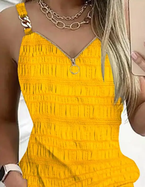 Elegant Dresses for Women Sexy V-Neck Zipper Design Textured Suspender Mini Dress New Fashion 2023 Summer Casual Female Clothing