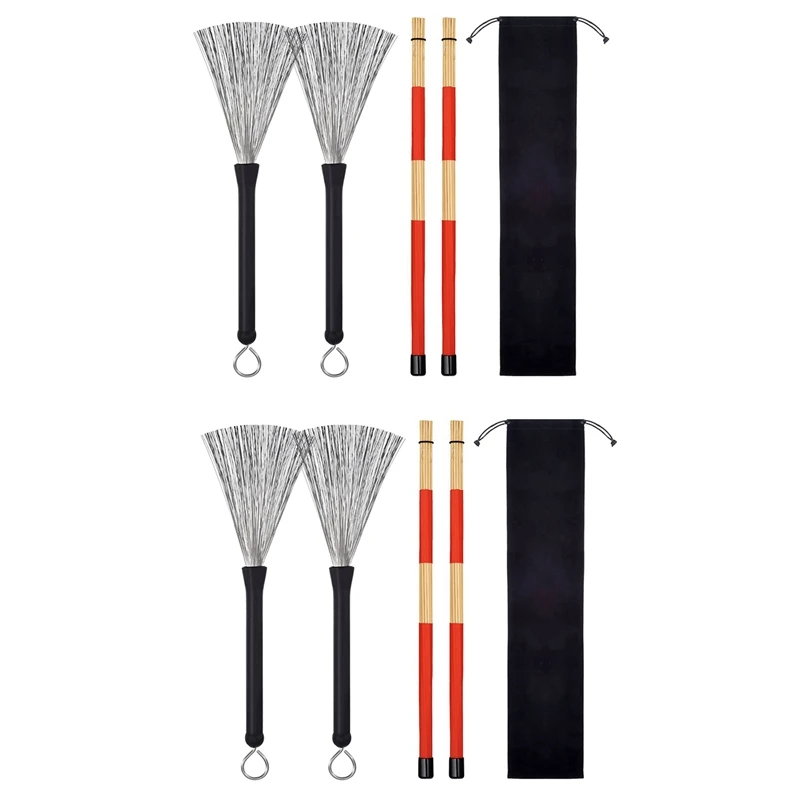 2 Pair Drum Brushes Retractable Wire Brushes Drums Drum Sticks Brush + 1 Pair Rods Drum Brushes Sticks Drum Stick Set