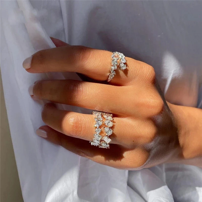 LXOEN 2022 Fashion 2 Layers Irregular AAA Cubic Zirconia Couple Wedding Open Adjust Rings for Charm Women Silver Color Jewelry