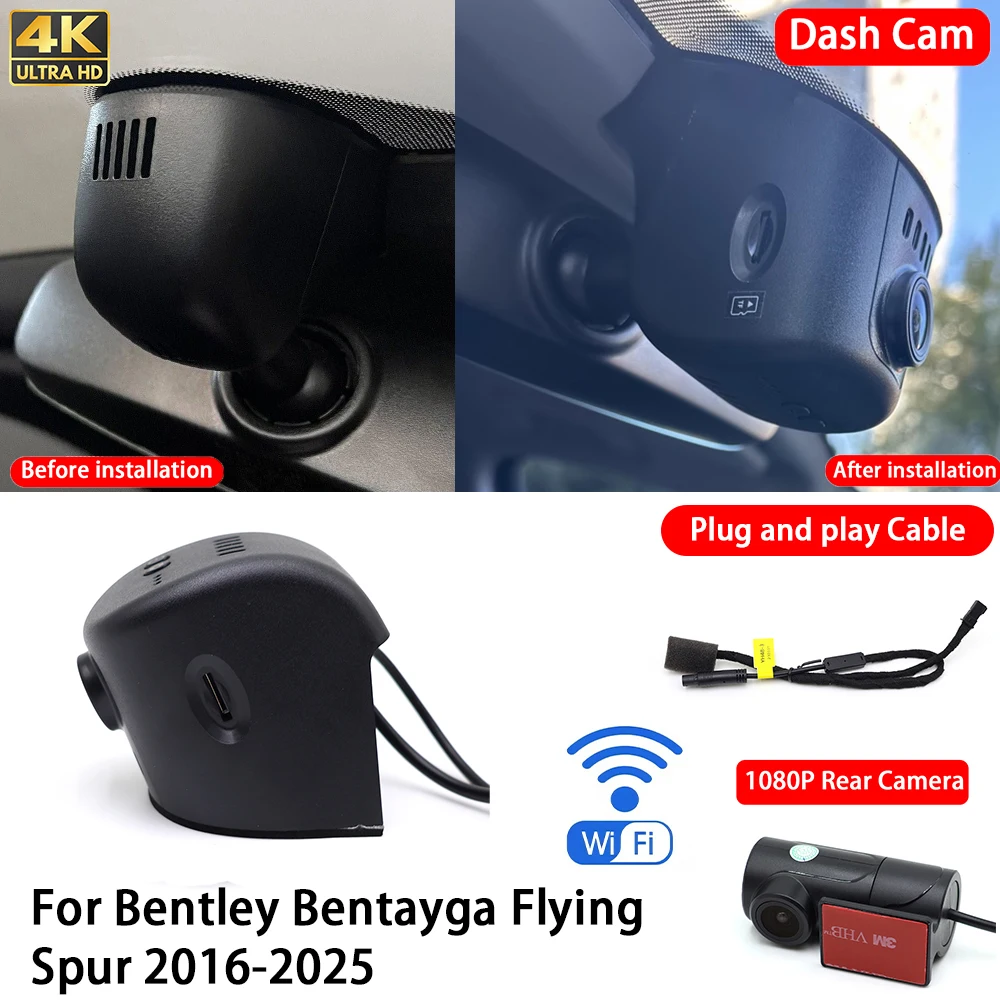 Cámara para Auto 4K con Visión Nocturna, WiFi, Plug & Play, Grabador de Video Delantero y Trasero para Bentley Bentayga Flying Spur 2016-2025
