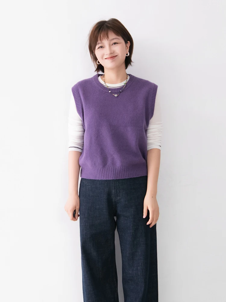 

Однотонный шерстяной вязаный жилет-пуловер с круглым вырезом, повседневный топ для женщин, универсальный, осенний, новый, стильный