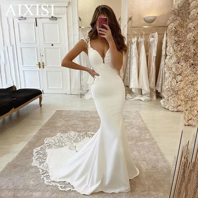 

Simple Wedding Dresses Mermaid Bridal Dress Appliques Lace Sweetheart Backless zipper Sleeveless Floor-Length Court Train