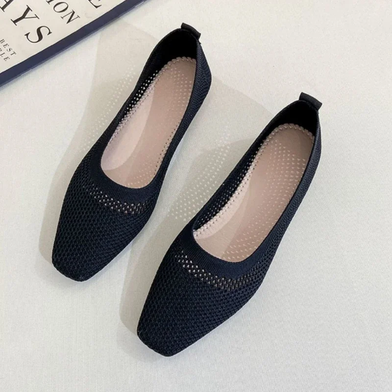 Hollow Low Heel Elegant Woman Footwear Flats Black Shoes for Women Square Toe Flat Vacation Korean Style Wholesale Dress 39 Chic