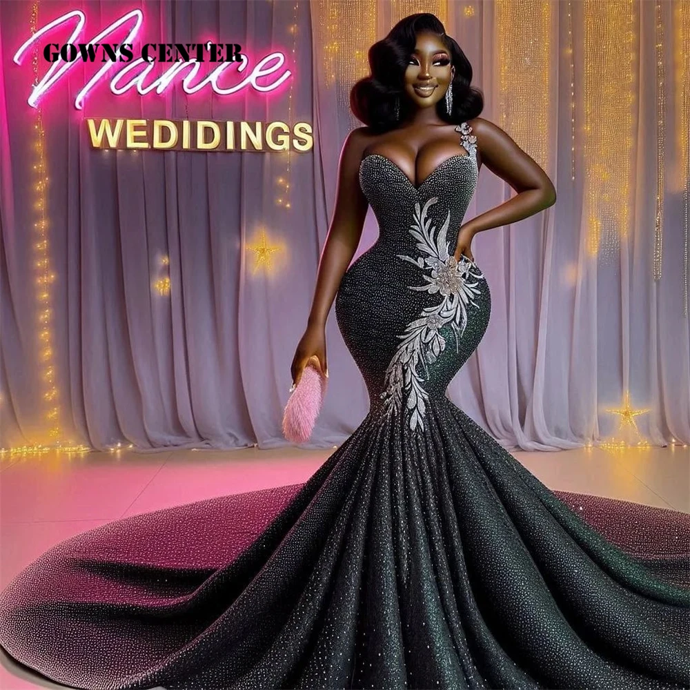 

Chic Black Aso Ebi One Shoulder Evening Dresses Luxury 2025 Beads Crystal Applique Memaid Wedding Party Gowns African Customized