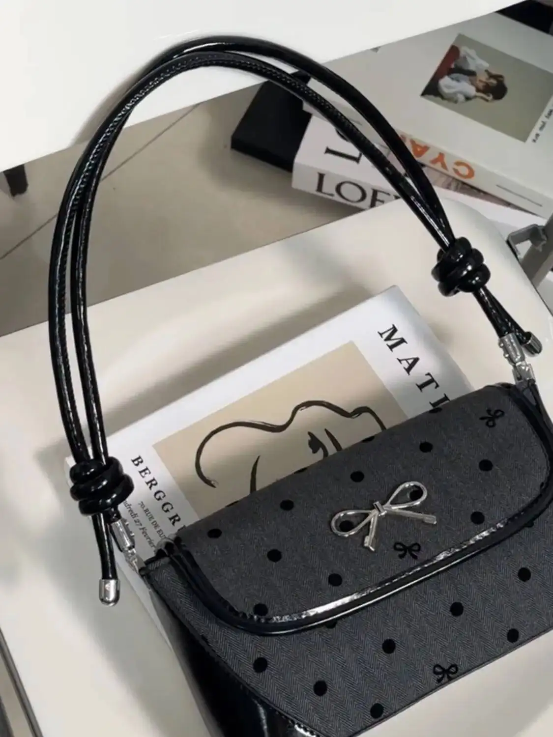 Bloom Sweet Cool Bow Black Underarm Bag Purse Women Fairycore Aesthetic Dot Y2k Shoulder Bags Ladies Haruku Square Handbag