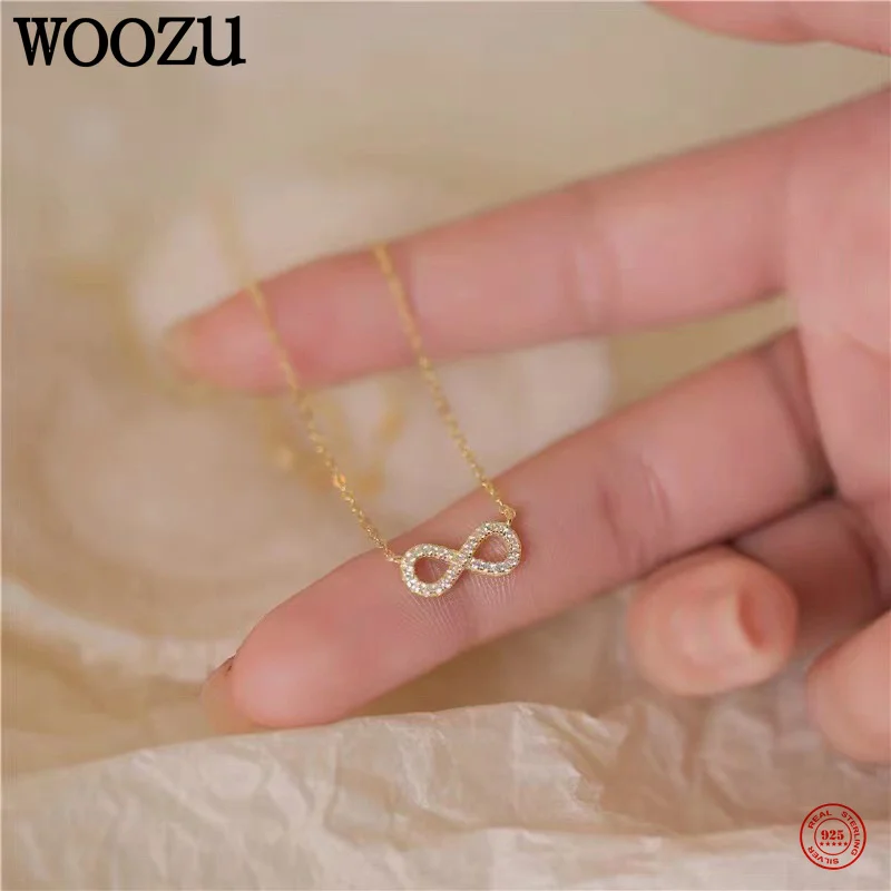 WOOZU 925 Ssterling Silver Shiny Zircon Infinity Pendant Necklace for Women Fashion Korean Party Choker Statement Jewelry Gift