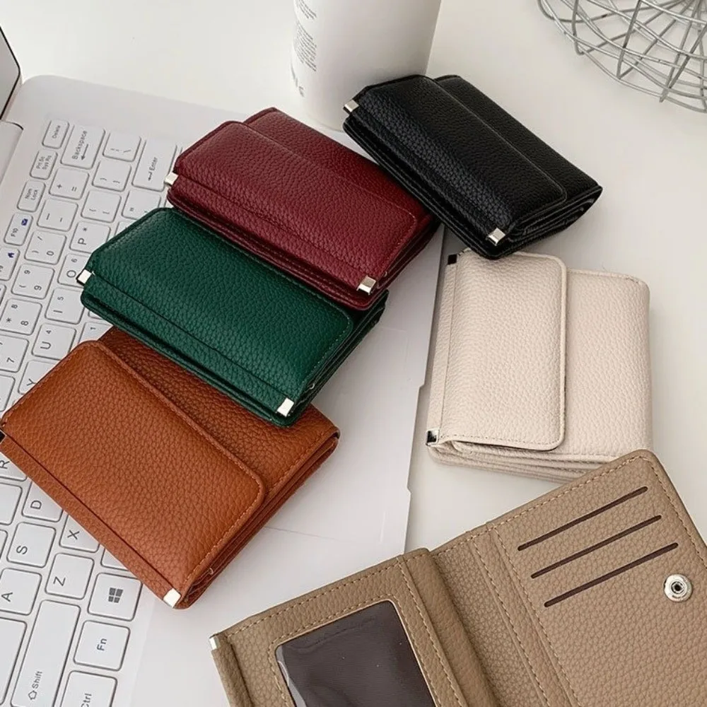 Leather Material Short Wallet Magnetic Closure Large Capacity Bifold Wallet Multiple Card Slots Solid Color Coin Purse Women