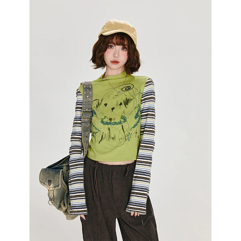 تي شيرت هاراجوكو مخطط للسيدات تي شيرت عتيق مطبوع عليه قطع علوية قصيرة للخريف Y2K الجرونج بأكمام طويلة تصميم نحيف تي شيرت جديد #1