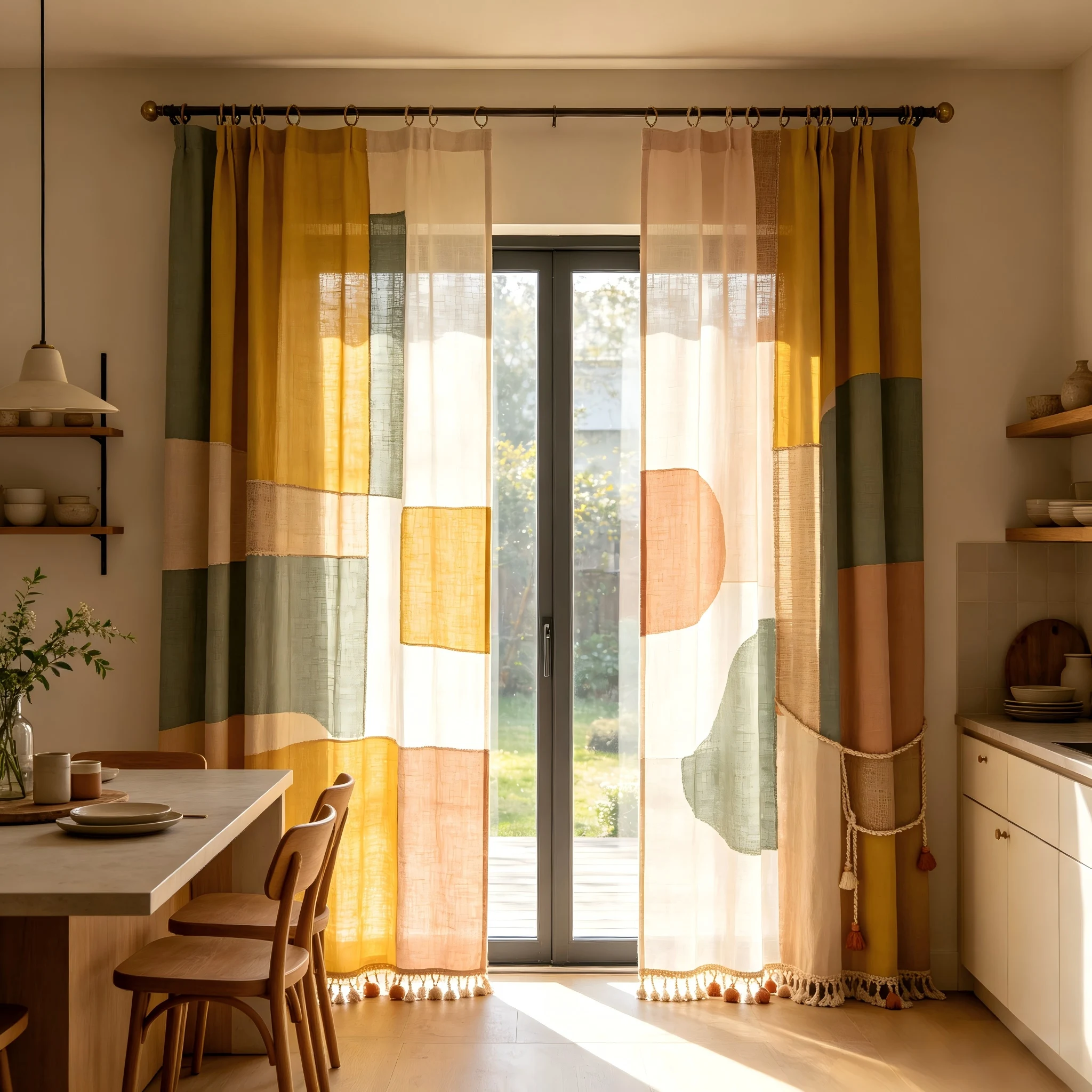200297   Open kitchen: mustard yellow x gray green cotton and linen, geometric block printed curtains