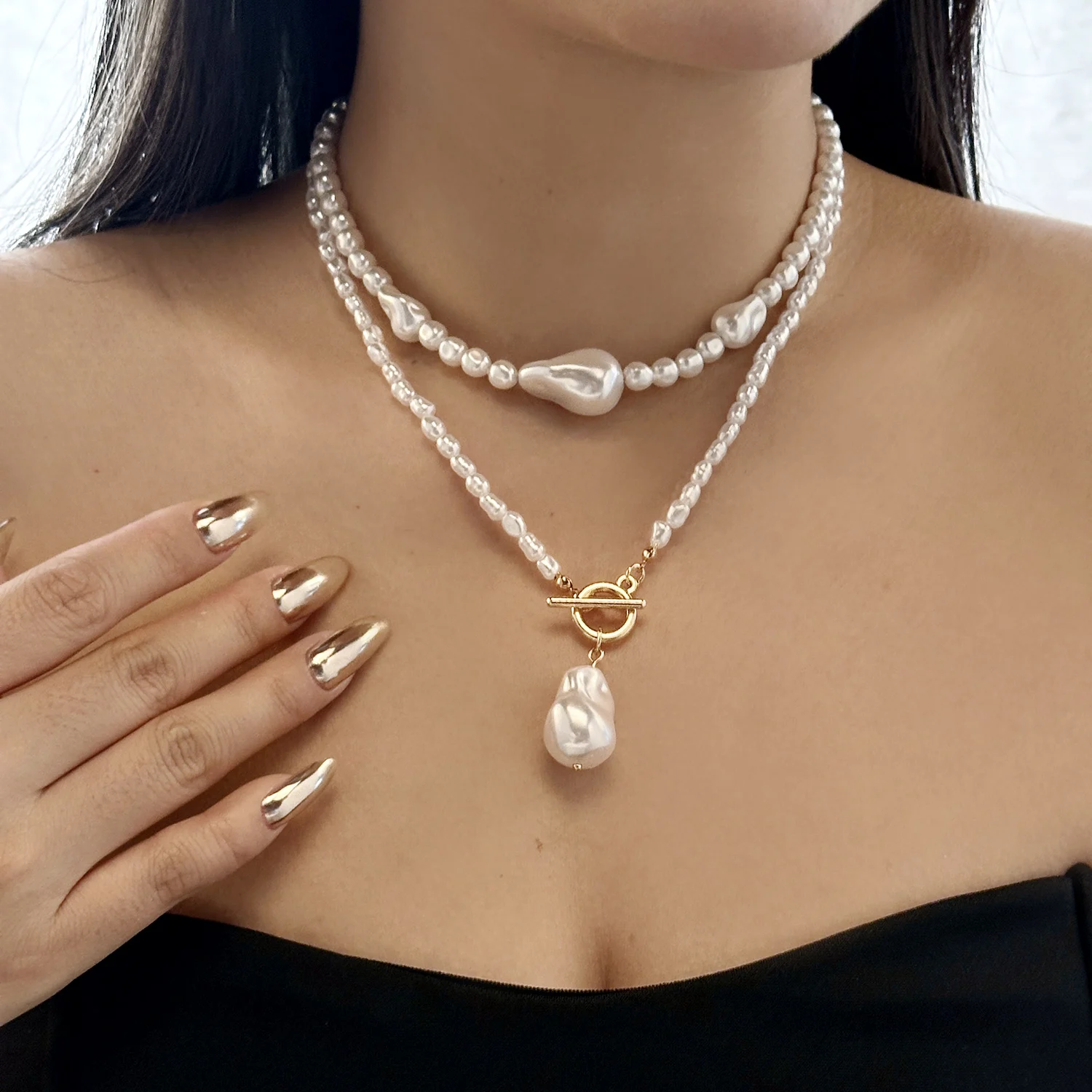 Exquisite barocke Imitationsperlen-Halskette für Frauen, minimalistische, unregelmäßige Herzform, geschichtete Kette, Freundschaftsschmuck, Geschenke – Detail 3