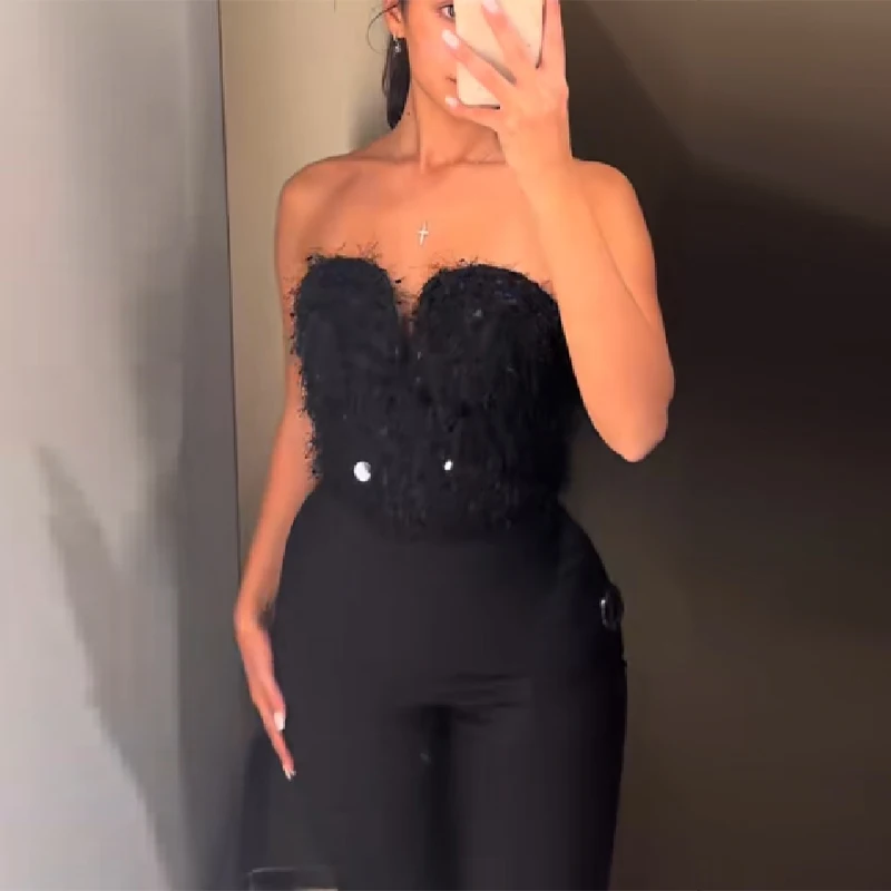 

Spicy Girl Sexy V Neck Strapless Top Black Tight Fitting Sleeveless female Clothing Date Party New Fashionable Casual Clothes ﻿