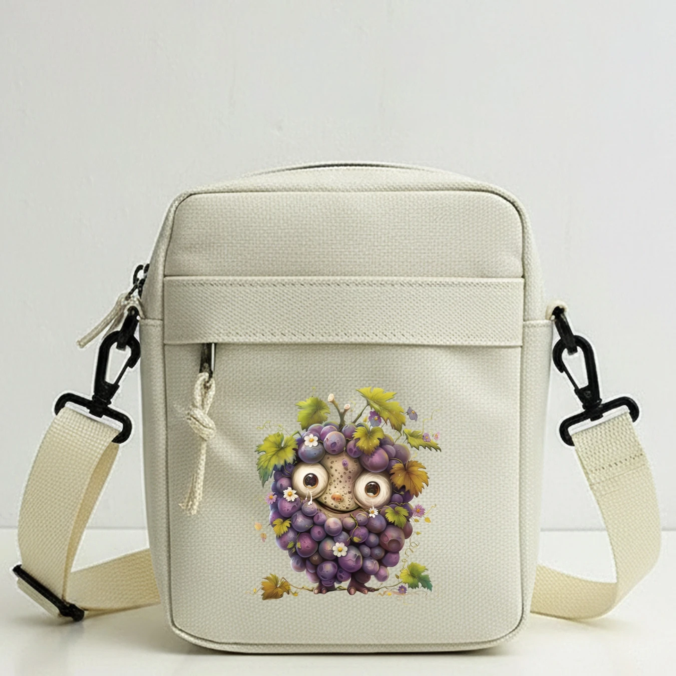 Adorable Cartoon Grape Shoulder Bag 2D Printed Messenger Purse with Detachable Strap Zip Closure for Girls Travel Picnic Cycling