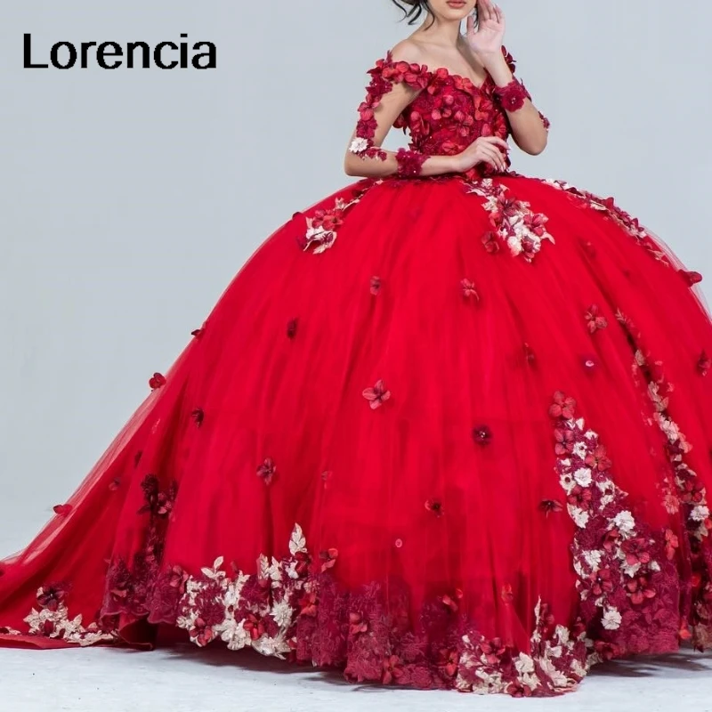 

Customized Red Off Shoulder Quinceanera Dress Ball Gown 3D Floral Lace Tull Long Sleeve Corset Vestidos De 15 Años YQD794