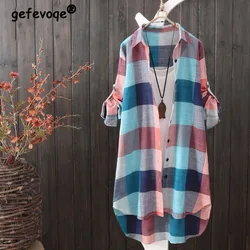 Spring Summer Women's Retro Plaid Oversized Street Shirt Casual Long Sleeve Cotton Blouse Tunic Top Female Clothing Blusas Mujer