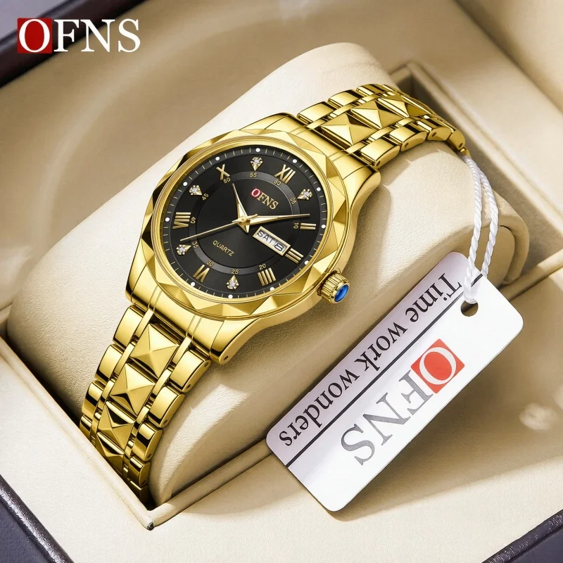 High-End Men's Business Quartz Watch Casual Luminous Waterproof Diamond Dual Calendar Wristwatch for Office Daily Small Clock
