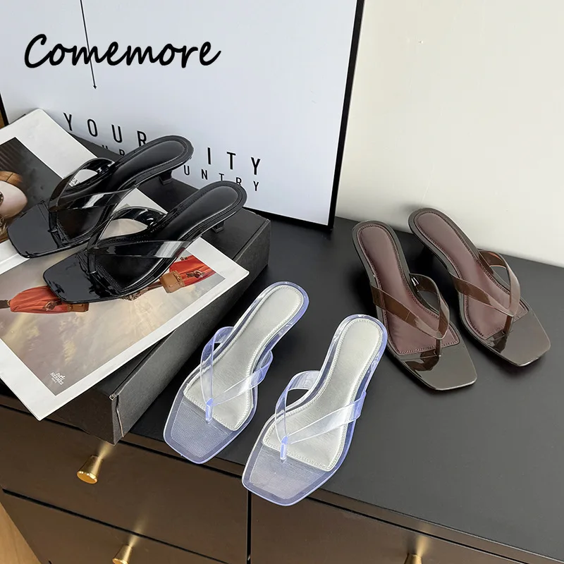 Comemore PVC Low Heels Jelly Sandals Women's Square Headed Beach Vacation Crystal Slippers Clip Toe Flip Flops Ladies Shoes