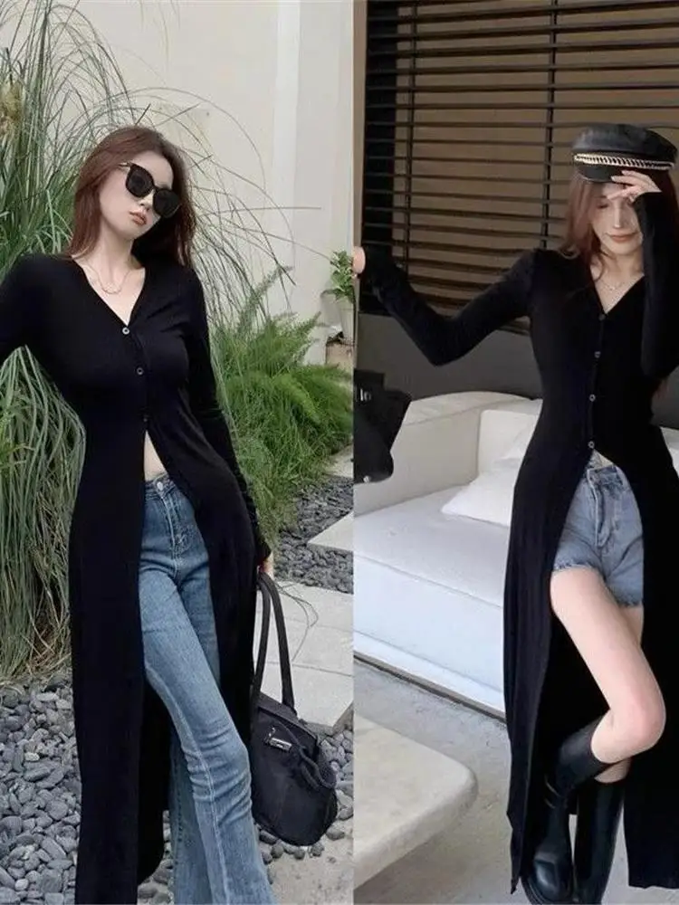 Cardigan aperto lungo alla moda in seta di ghiaccio da donna Sweet Cool Faion Top dimagrante Street Sle lavorato a maglia V-Ne Long Sve Spring