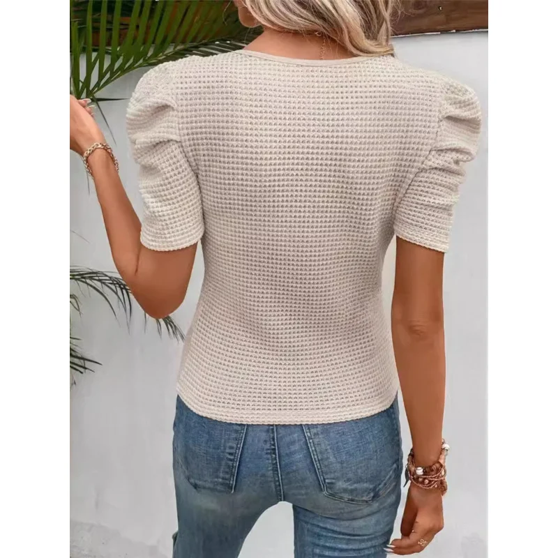 Women'S Fitted Round-Neck Bubble Short-Sleeved-Shirt New European And American Spring/Summer