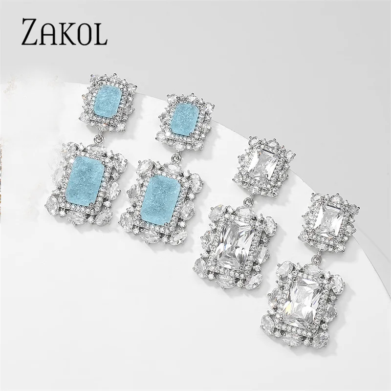 ZAKOL Gorgeous Princess Big Square Light Blue Cubic Zirconia Drop Earrings for Women Fashion Luxury Wedding Engagement Jewelry