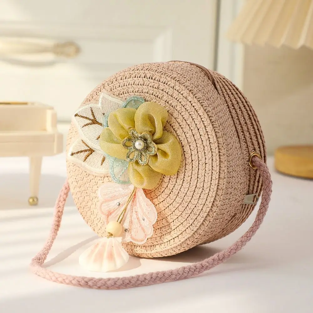Crossbody Bag Round Shape Straw Bag Flower Woven Design Princess Handbag Creative Design Handmade Messenger Bag Children Girls