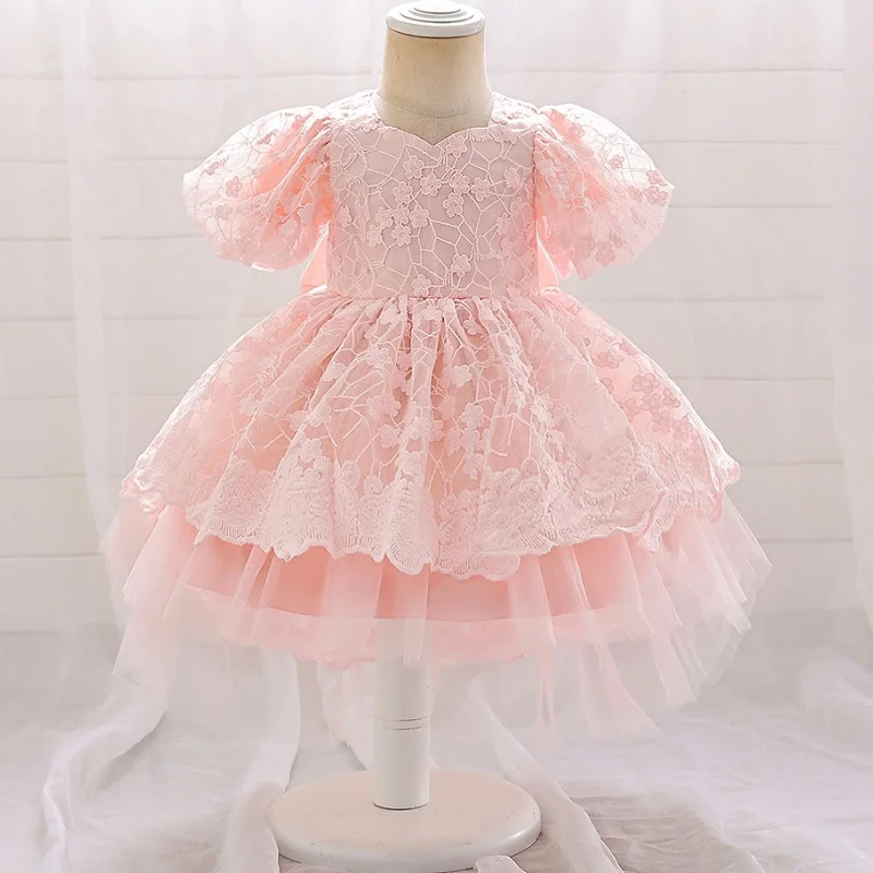 Girls' New Bow Princess Dress Baby Bubble Sleeve Fluffy Dress One Year Banquet Flower Girls' Performance Dress