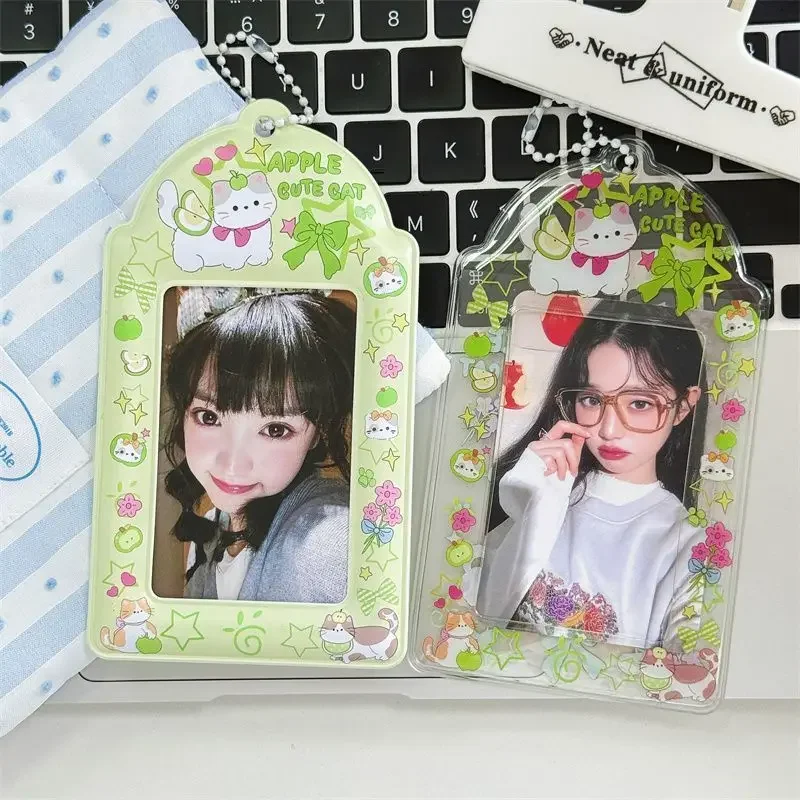 2pcs Cute Cartoon Cat Card Holder, Green Ins Style PVC Photo Storage Pendant for Kpop Idol Cards