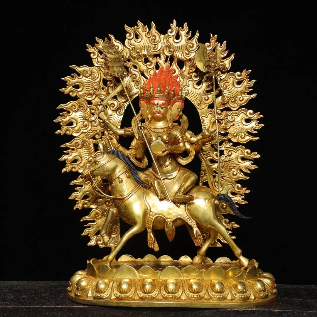 Palden Lhamo Statue Full Gold Plated Hand-Painted Copper Backlight Tibetan Nepalese Home Altar Decor