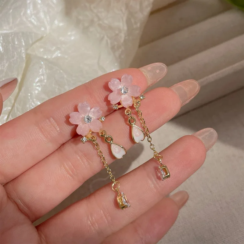 Korean Fashion Cherry Blossoms Tassel Earring For Women Romantic Sweet Flower Long Chain Pearl Earrings Party Wedding Jewelry