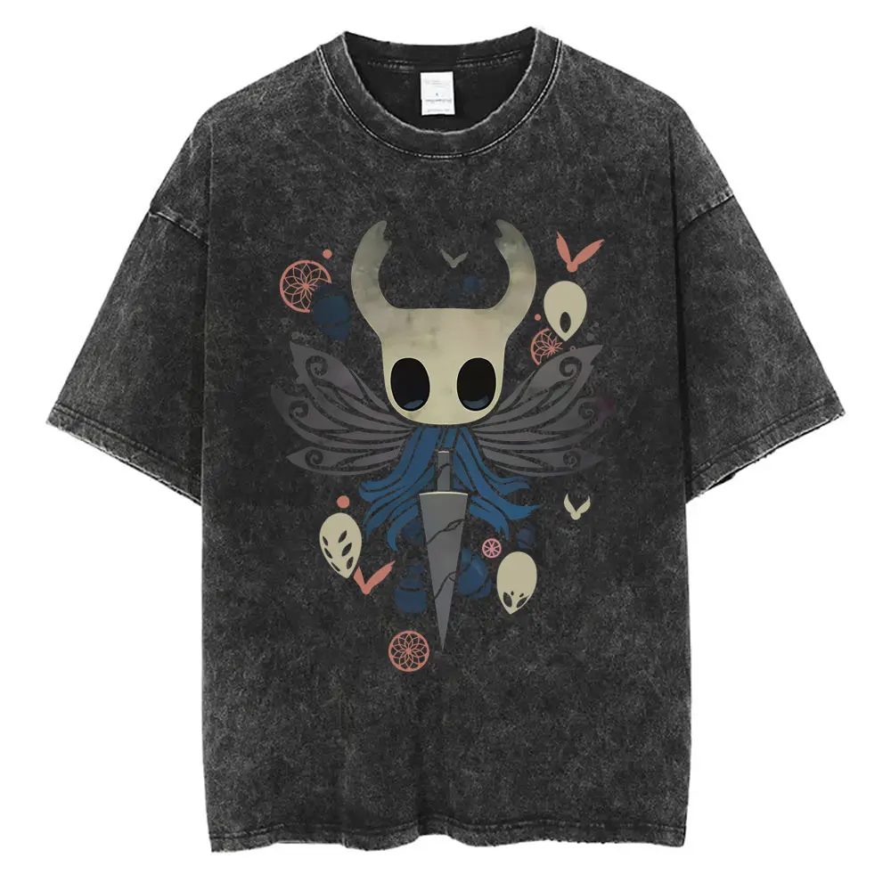 Washed Vintage Game Hollow Knight Graphic T-shirt Men Fashion Casual Oversized T-shirts Unisex 100% Cotton Short Sleeve T Shirts