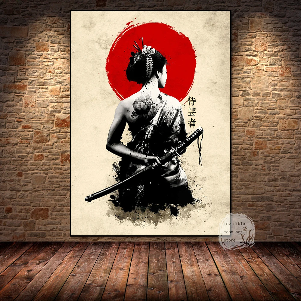 Retro Japanese Warrior Bushido Armored Geisha Samurai Katana Ninja Poster Art Canvas Painting Wall Print Picture Room Home Decor