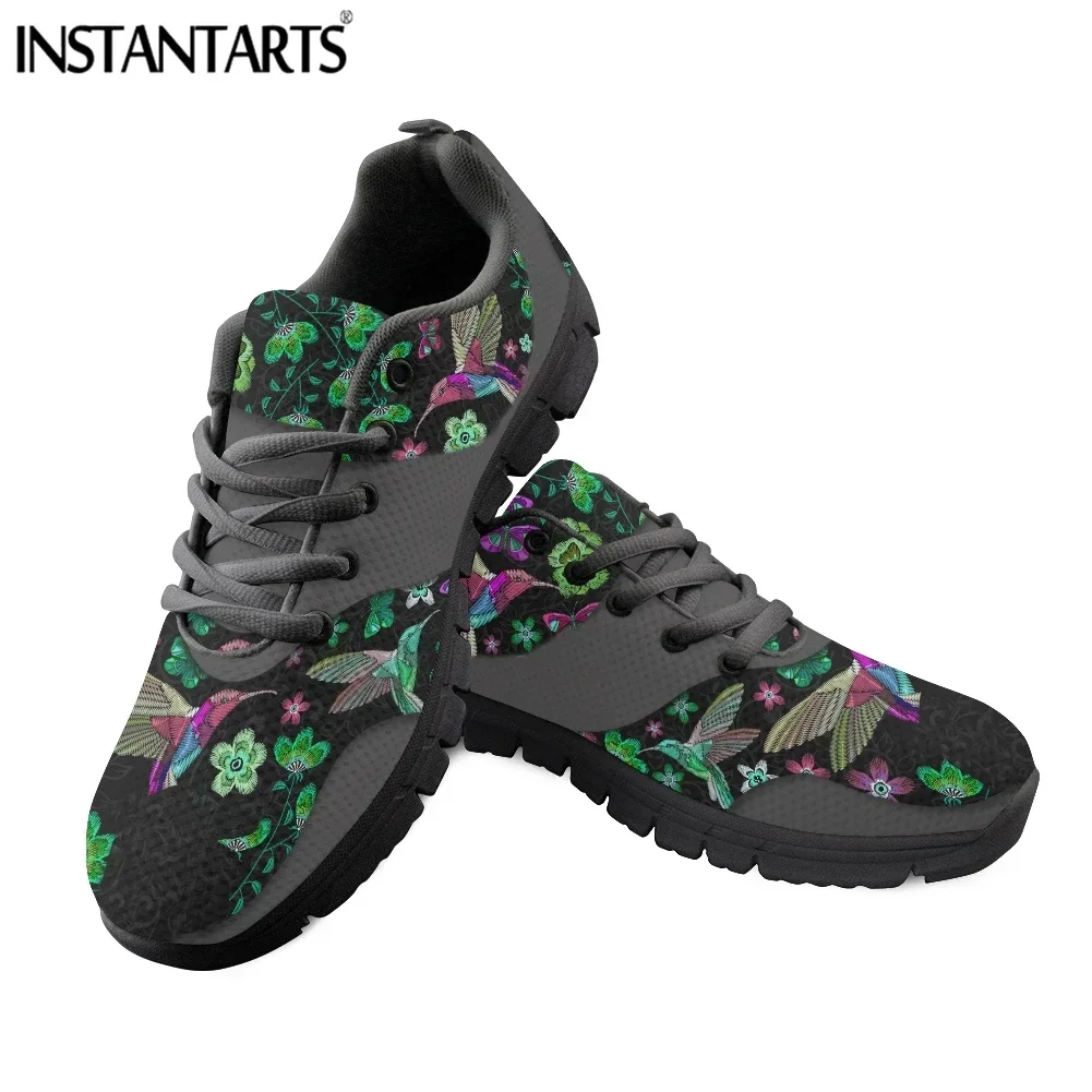 Women's Lightweight Soft Mesh Sneakers Pretty Dark Flower And Hummingbird Print Female Flat Shoes Lace Up Zapatos