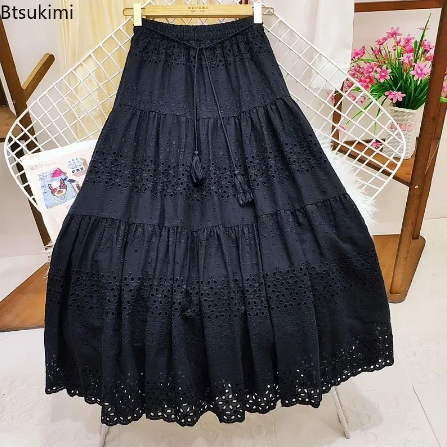 2024 Women\'s Fashion Solid Long Skirts Faldas Casual Lace Skirt Woman Clothes Harajuku Saia Jupe Femme Loose Maxi Ladies Bottom