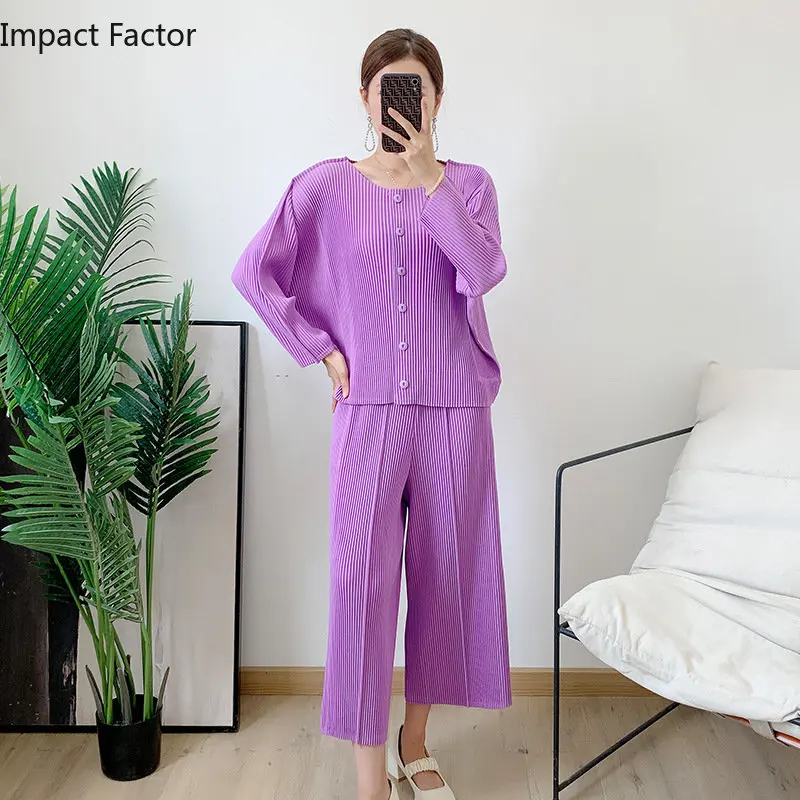 

2024 Spring New Japanese Thick Version Miyake Pleated Suit Top Pants 2 Piece Casual Long Sleeves Elegant Women's Clothing