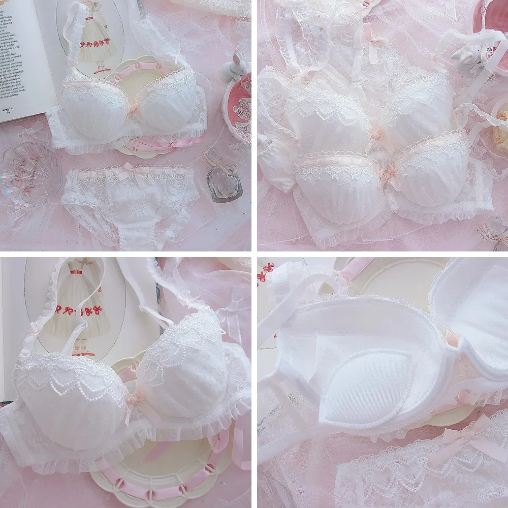 

Sweet Lace Princess Bra & Panty Set with Steel Ring, Cute Loli Gathered Design for Small Chest