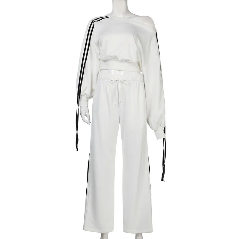 

Элегантный полосатый женский комплект с длинным рукавом, футболка и широкие брюки, праздничный белый комплект из двух предметов, женский наряд, повседневный спортивный костюм