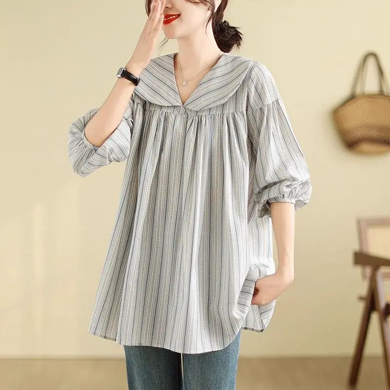 

Casual Striped Loose Shirt Spring Summer 3/4 Sleeve Stylish Spliced Women's Clothing Peter Pan Collar All-match Commute Blouse