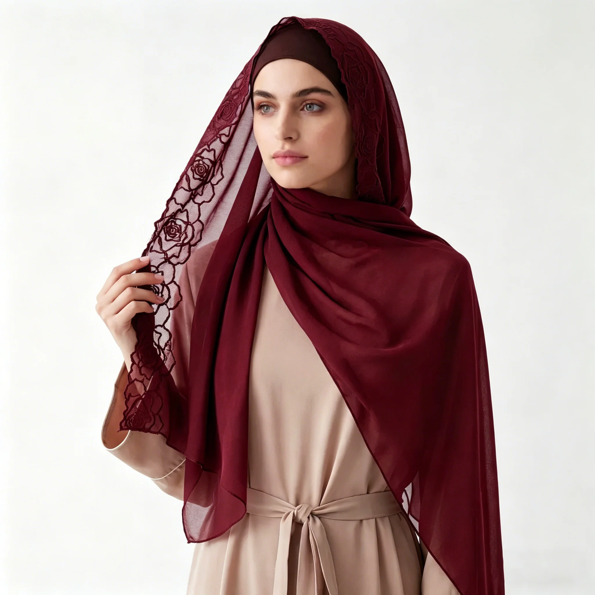 

Шифоновый хиджаб с вышивкой в виде роз для мусульманок, модная длинная шаль, длинный платок, исламский тюрбан, головной убор для свадьбы.