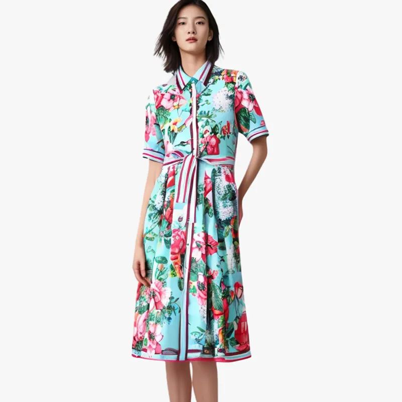 Vestido plissado de manga curta feminino, gola virada para baixo, vestidos estampados com flores verdes