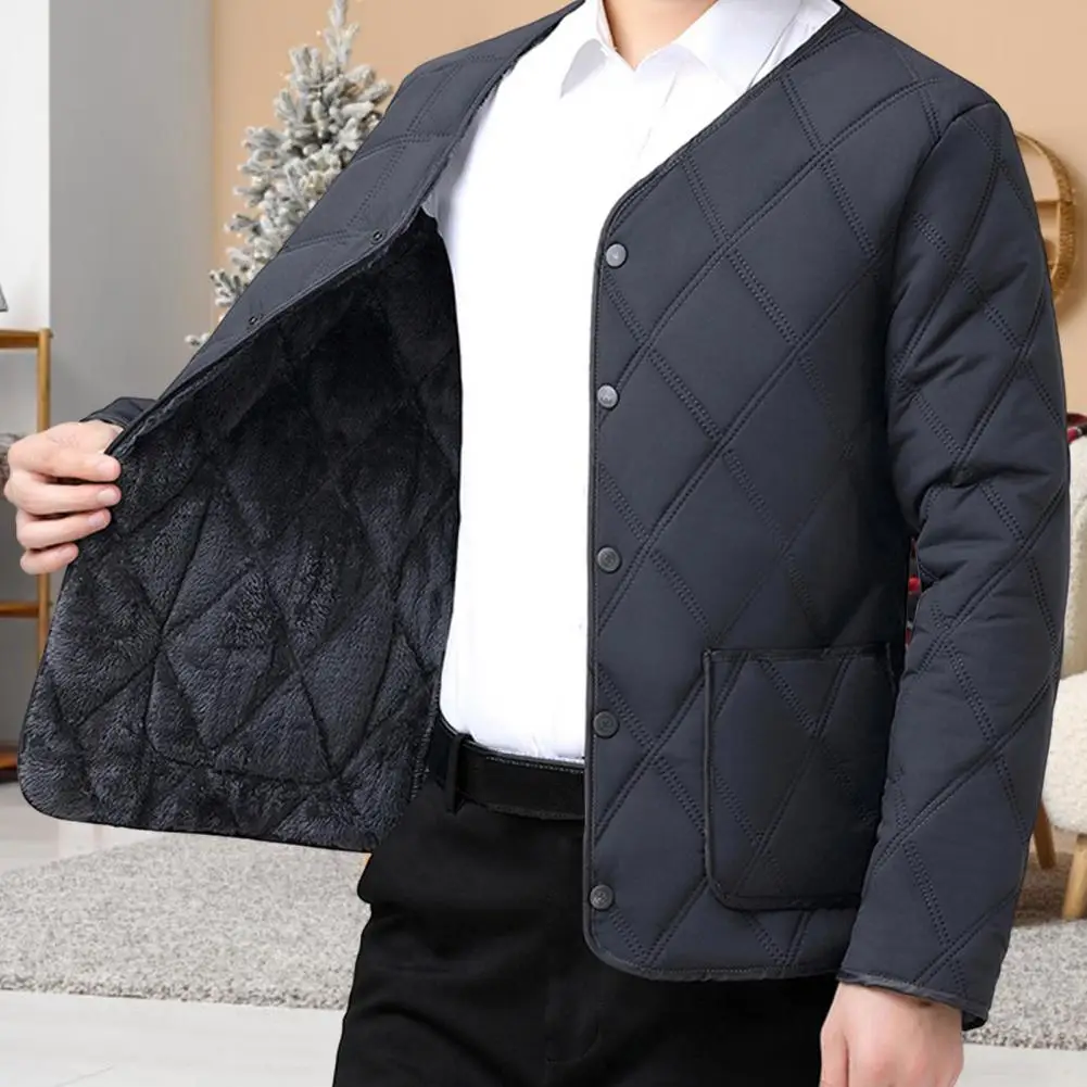 Men Jacket Stylish V-neck Collarless Men's Jacket with Plush Lining Pockets Solid Color Coat for Winter Warmth Comfort Fleece