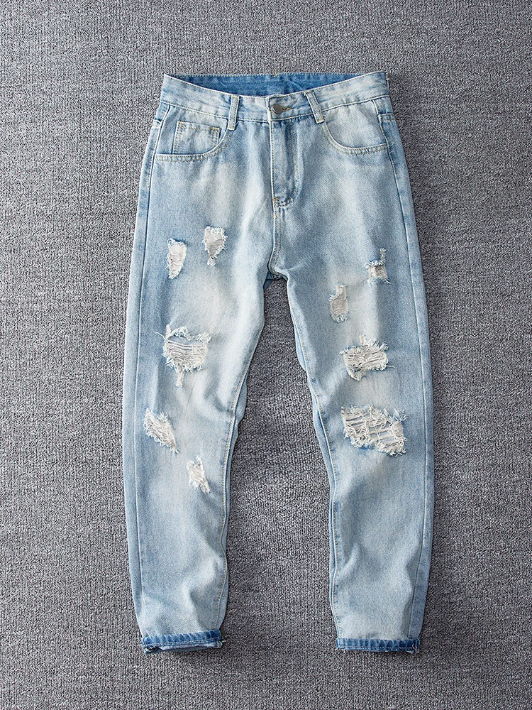 

Летние тонкие мужские джинсовые джинсы с завышенной талией, повседневные облегающие брюки с девятью точками, корейская версия, модные винтажные брюки