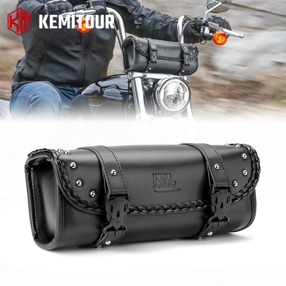 Motorcycle Tool Fork Bag PU Leather Saddlebag Motorcycle Front Fork Handlebar Bags Sissybar Storage Pouch Roll Bag Accessories