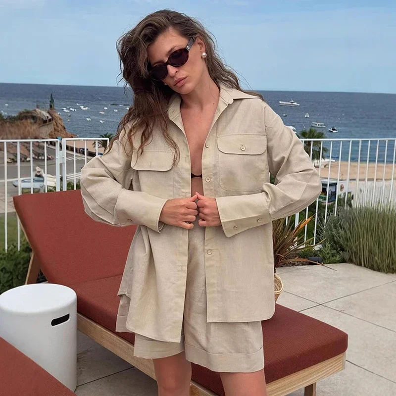 

Pure Cotton Long Sleeve Shirt Shorts Set Women's Loose High Waist Fashion Casual Suit 2025 Summer Lady Vacation Outfits