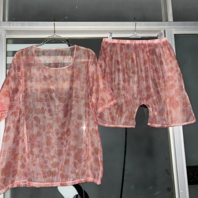 

Sexy See Through Men Mesh Tulle Top Shorts Set Women Ultra Thin Printed Glossy Pajamas Soft Loose Plus Size T-shirt Bottoms