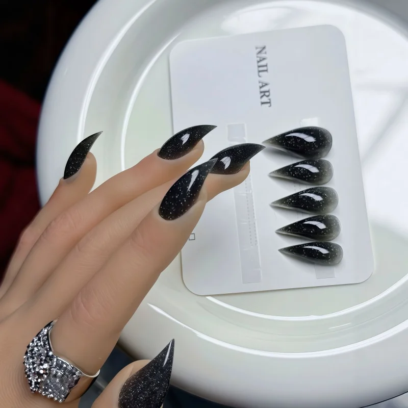 10PCS of handcrafted smoked black gradient dagger-shaped nail stickers with transparent and clear tips and a high-gloss gradient