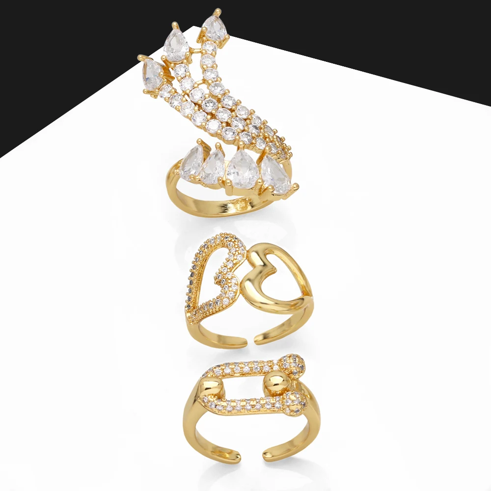 OCESRIO Fashion Mini White Crystal Water Drop Rings for Women Copper Gold Plated Heart Open Ring Jewelry Women Gift rigs90