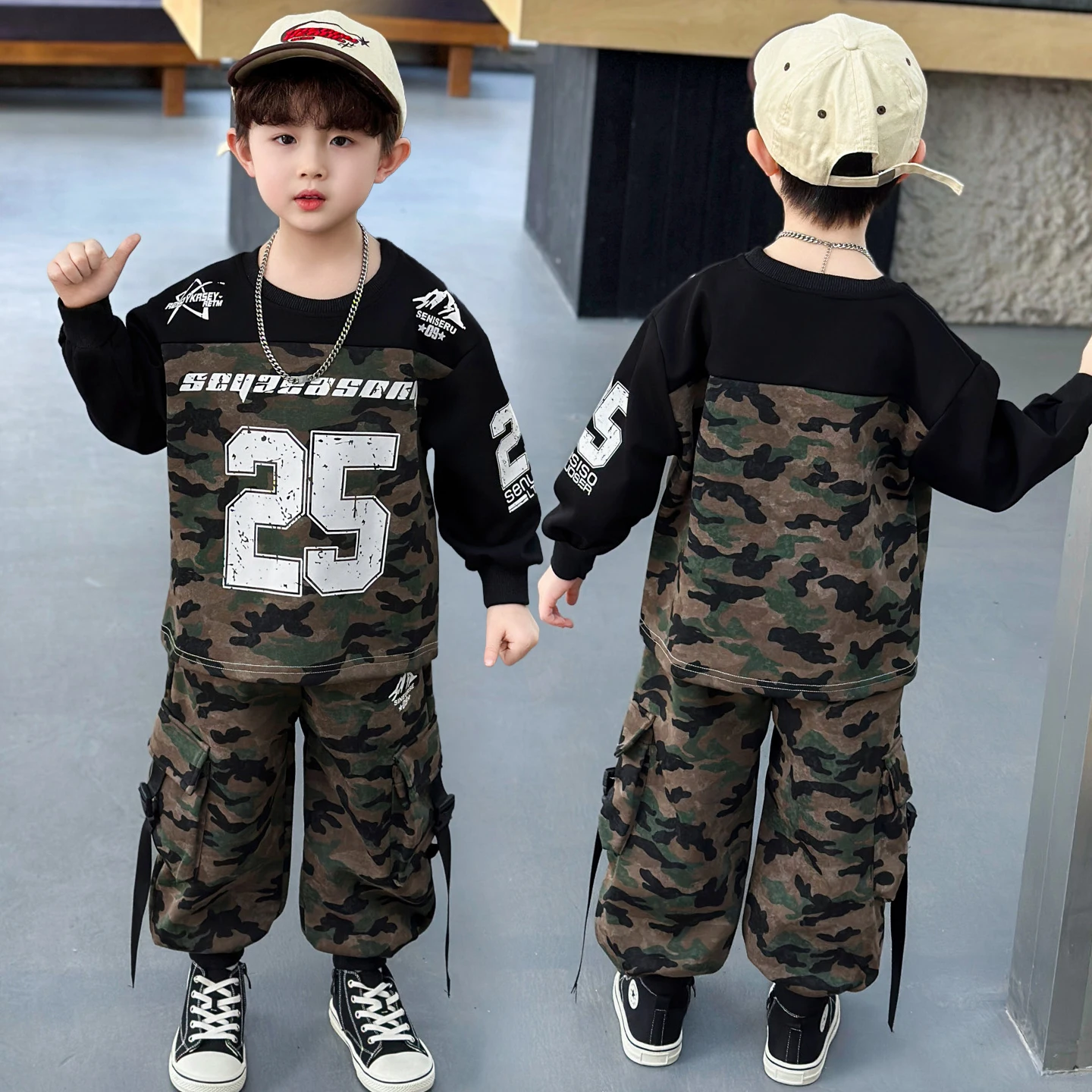 

Spring Fashionable Camouflage Long Sleeve Set for Boys Toddler Kindergarten Two Piece Outfit Casual Sports Suit for Teens