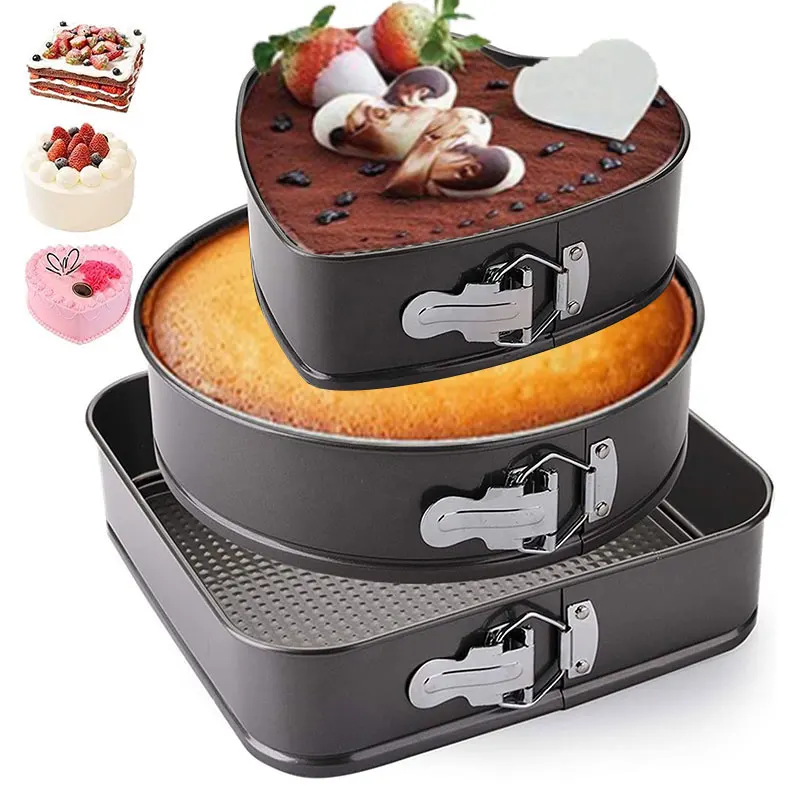 3 PCS Nonstick Cake Baking Molds Set Carbon Steel Bakeware Round Heart Square Baking Pans Cheesecakes Springform Baking Molds