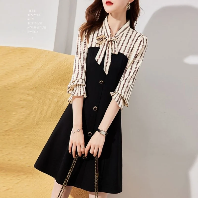 Spring Autumn New Striped Fashion Long Sleeve Midi Dress Women High Street Scarf Collar Bow Button Patchwork All-match Vestidos